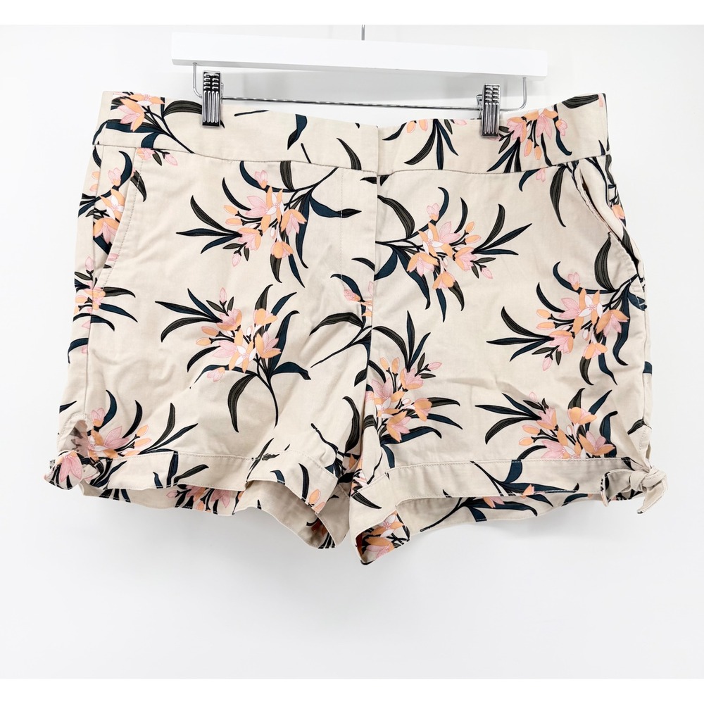 New LOFT Women Size 16 Floral Chino Shorts 4" Inseam Tie Hem Beige Pink Tropical